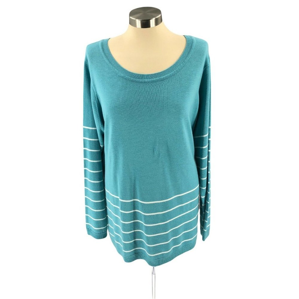 Bedford Fair Womens Sweater Plus 3X XXX Teal Striped Pullover Long Sleeve Blouse